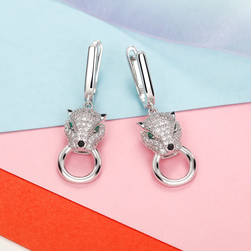 Huitan Hip Hop Green Eyes Leopard Earrings for Women Luxury Silver Color Full Paved CZ Personality Lady Accessories Rock Jewelry view 2
