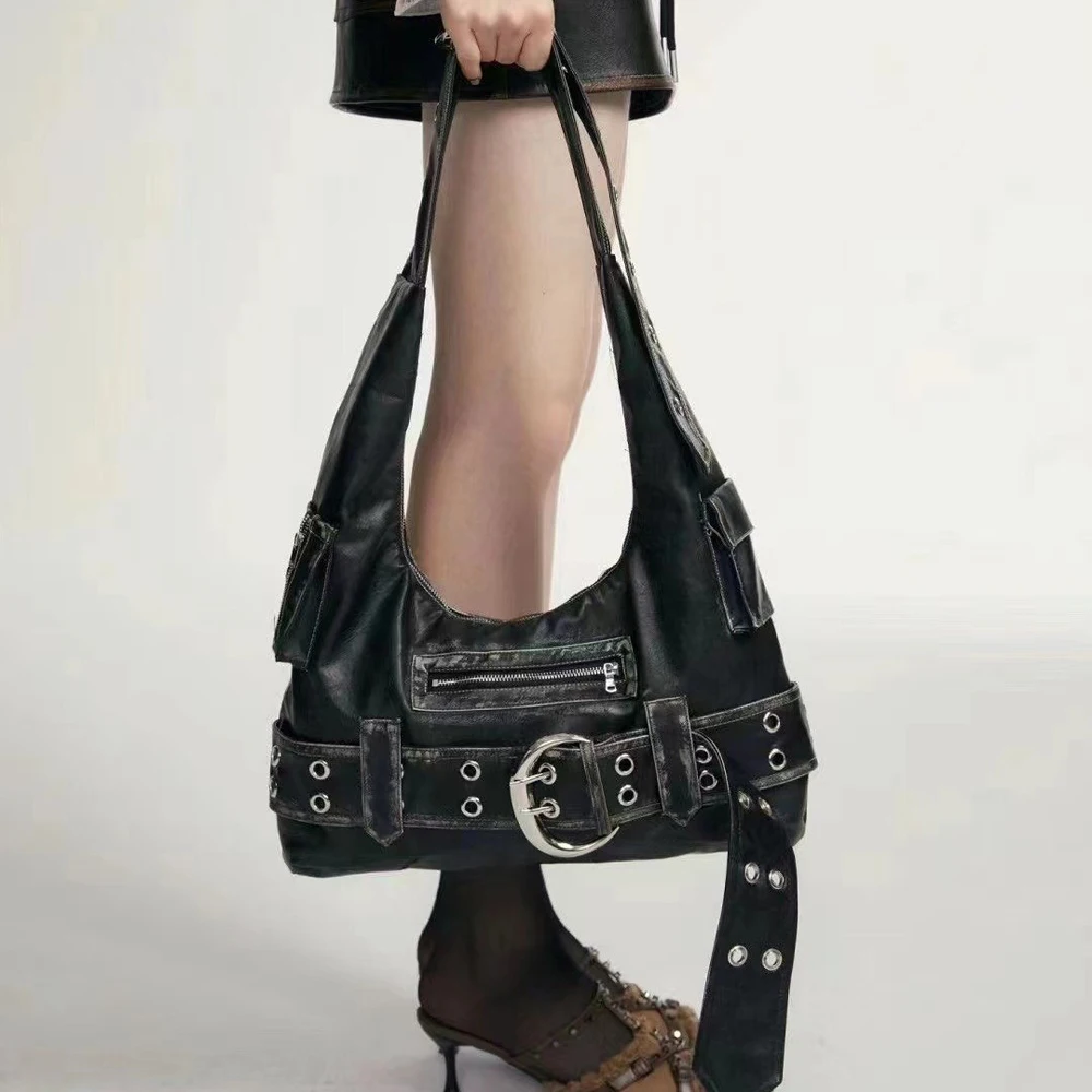 

SHELKSBAG Y2k Модная женская сумка через плечо в стиле панк с ремнем, кожаная сумка для девушек, ретро повседневная сумка-кроссбоди
