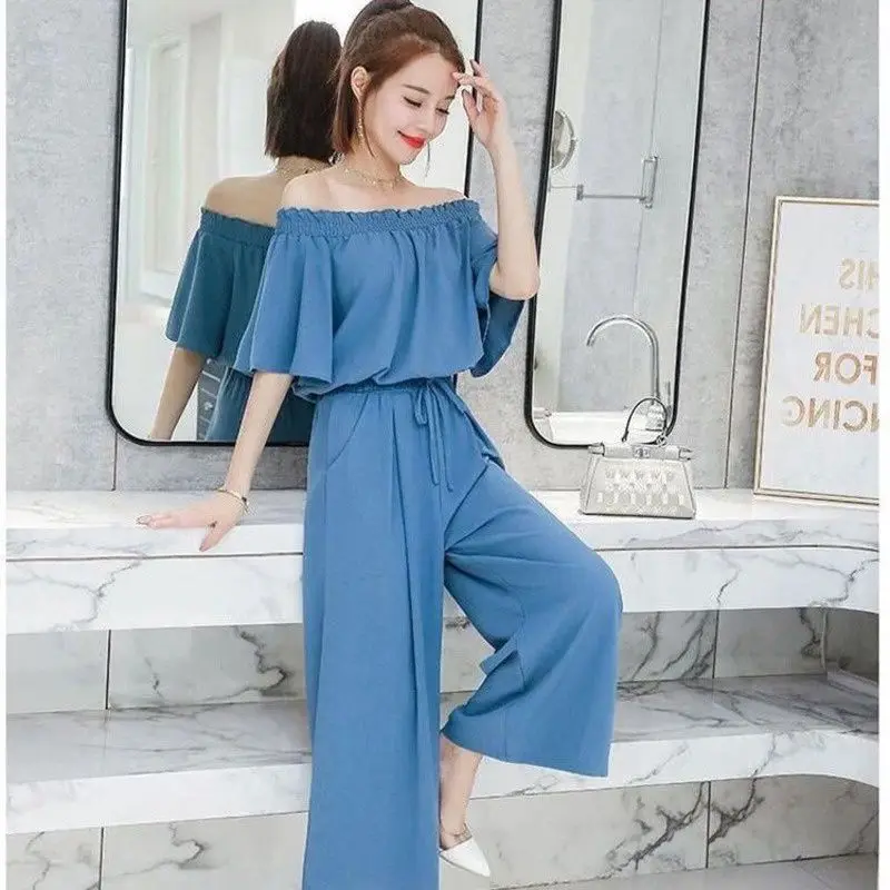 

Women's Casual Suit 2023 Summer New Chiffon Plus Size Clothing Short Sleeve Crop Top Wide Leg Ankle-Length Pants 2 Two Piece Set