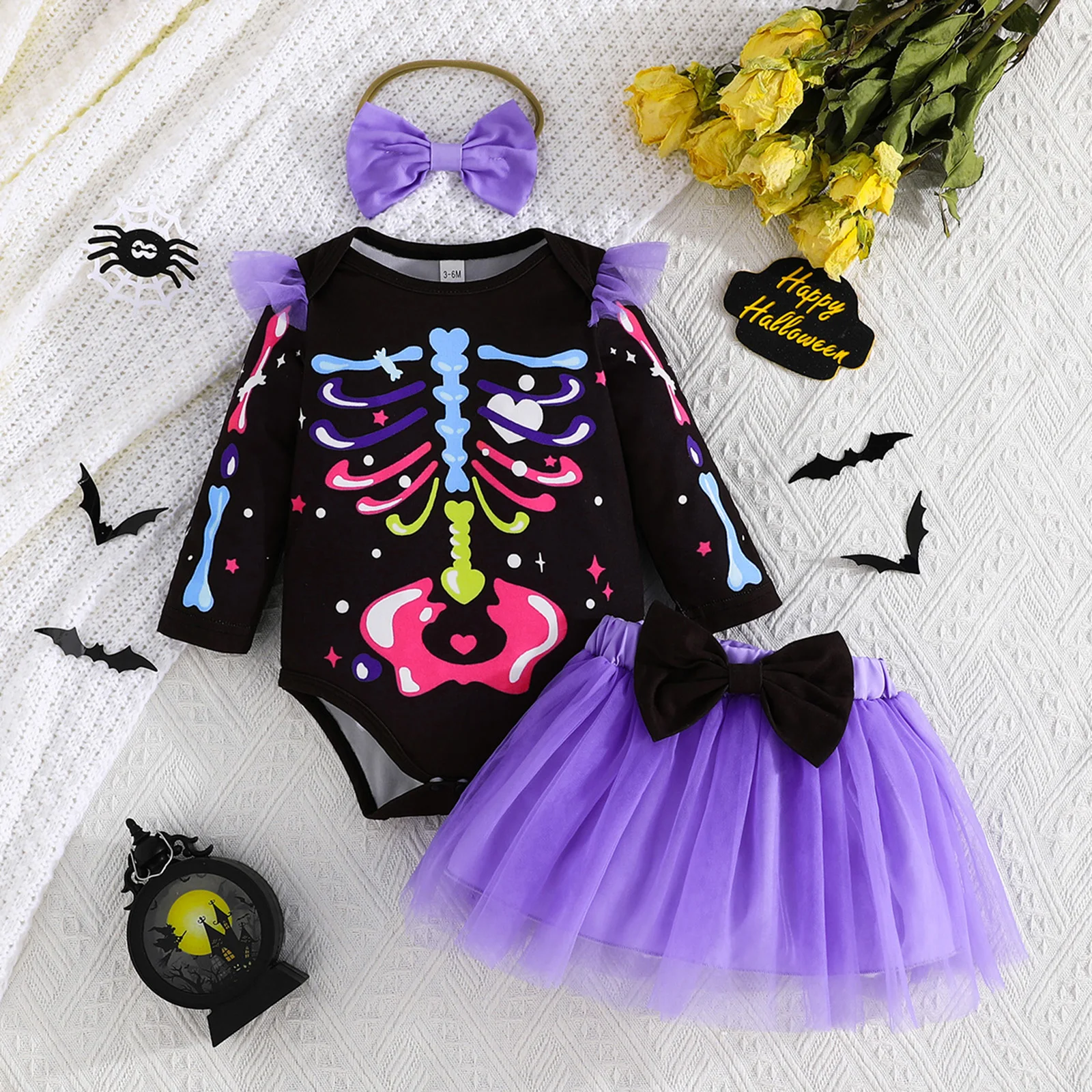 Baby Girls Halloween Outfit Skeleton Print Long Sleeves Romper Tops Elastic Mesh Skirt Headband Cute 3 Piece Halloween Clothes