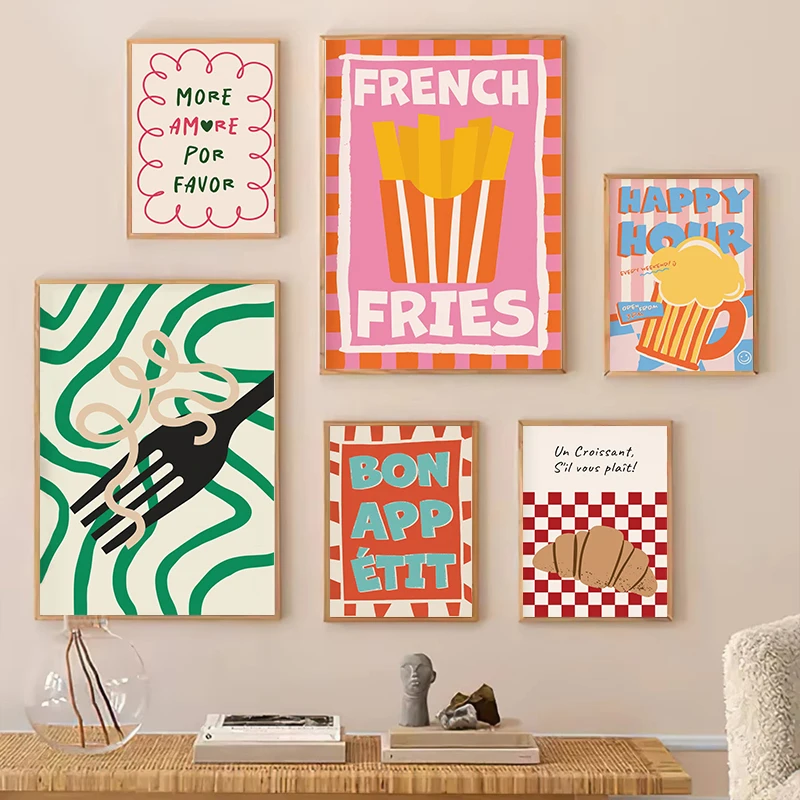 Póster con frase artística De comida colorida, impresiones De patatas fritas, Pasta, pintura en lienzo, cocina, vida, cafetería, imagen estética, arte De pared para el hogar