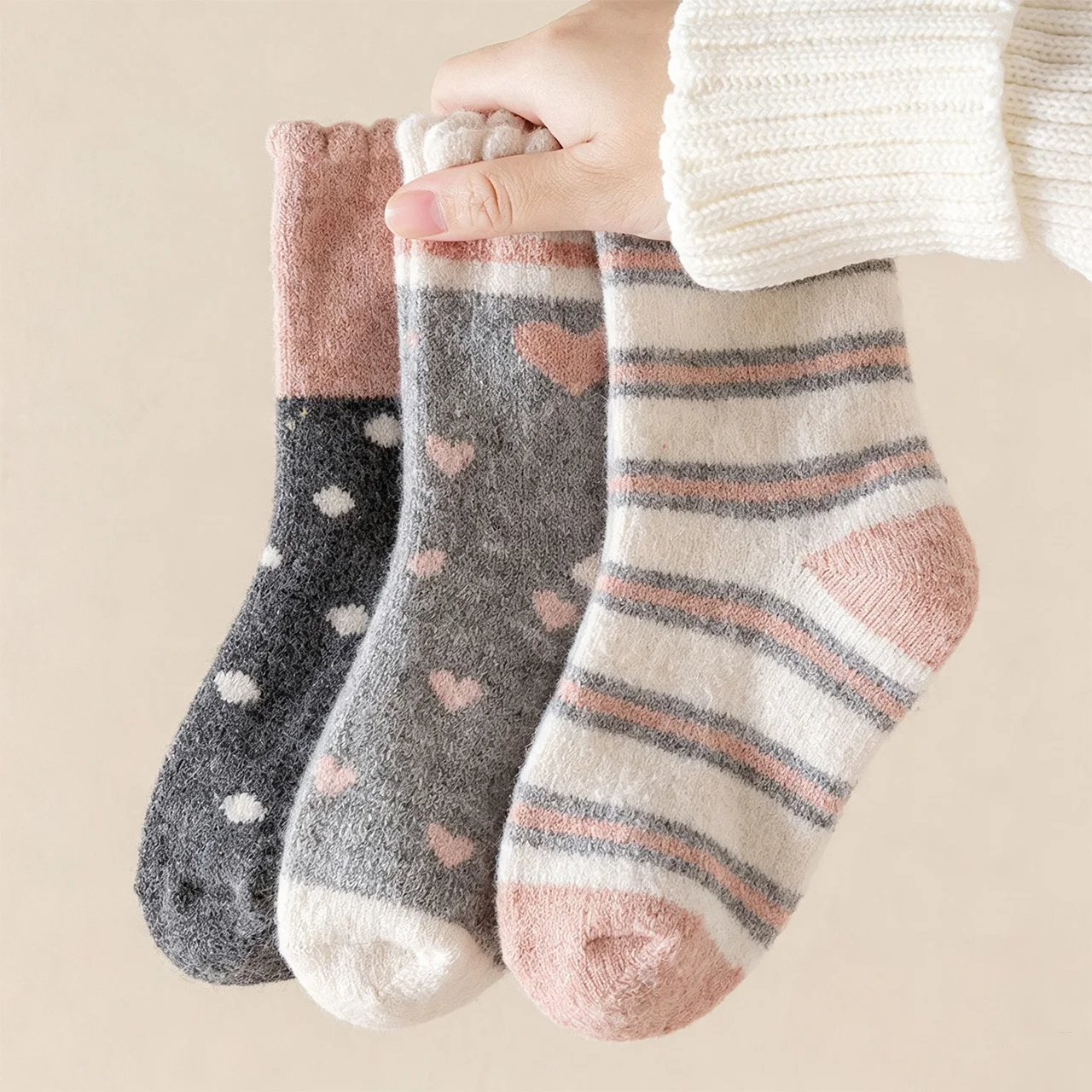 3Pairs Thicken Woolen Kids Warm Socks Pink Striped Love Children Mid-Calf Sock Sweet Girl Knit Sock Winter Thermal Footwear 2-8Y