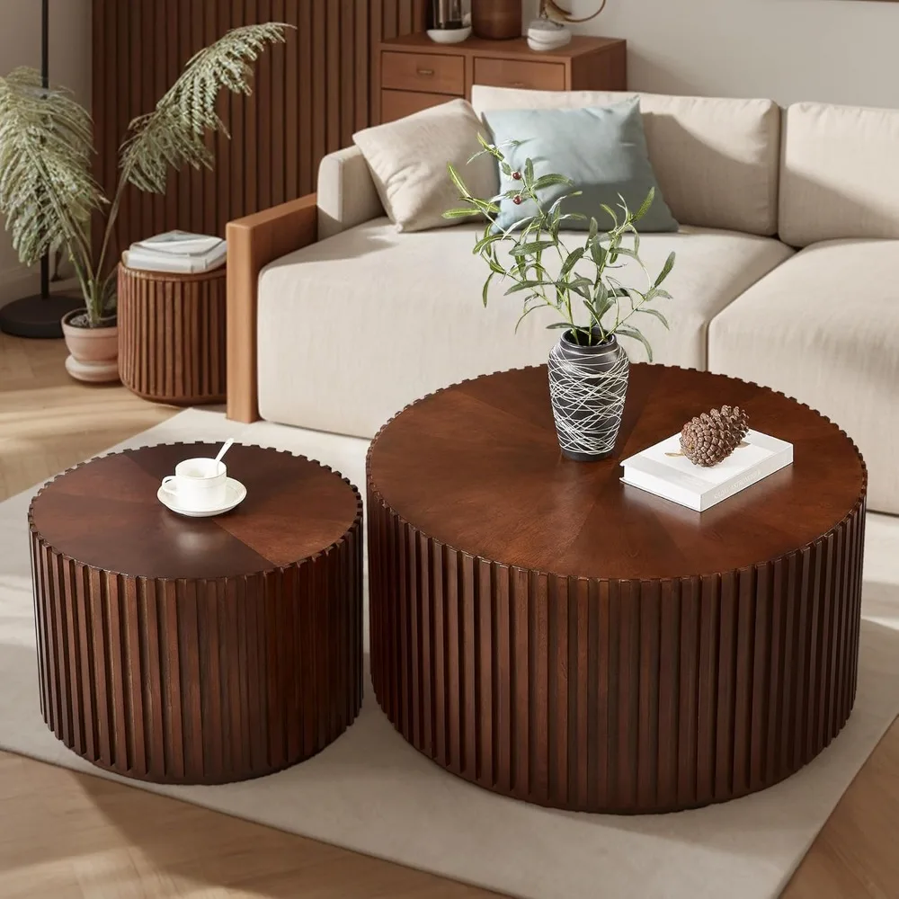 Round Wood Coffee Table Set of 2, Handcraft Drum Side Table End Tables for Living Room, Modern Circle Wooden End Tables Set