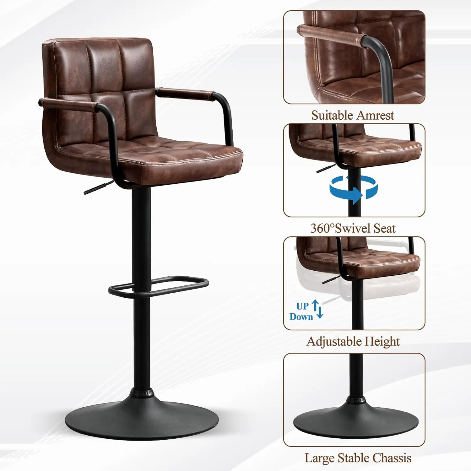 등받이가 있는 바 스툴 2개 세트, 팔걸이가 있는 현대적인 사각형 PU 가죽 주방 스툴, 조절 가능한 카운터 높이(다크 브라운)