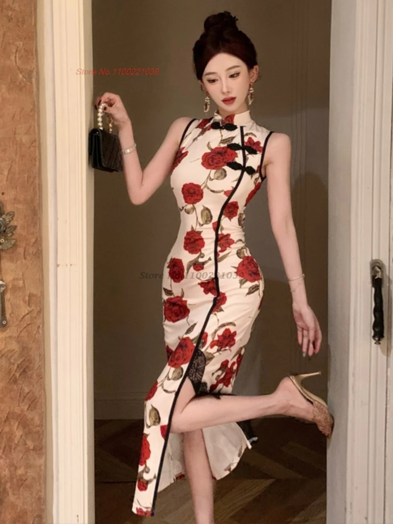 

2025 chinese sexy cheongsam sleeveless qipao dress traditional flower print evening party dress vintage banquet nightclub dress