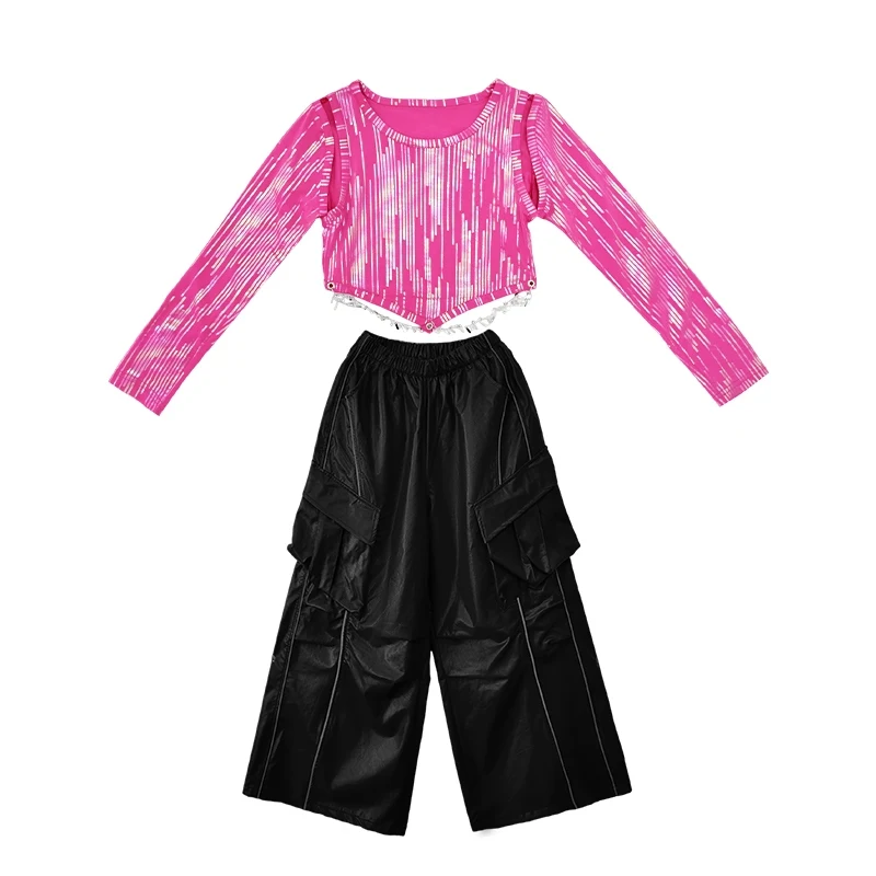 2026 ジャズダンス衣装女の子長袖ピンクへそトップス黒革パンツ子供 Kpop ヒップホップパフォーマンス服 BL18347