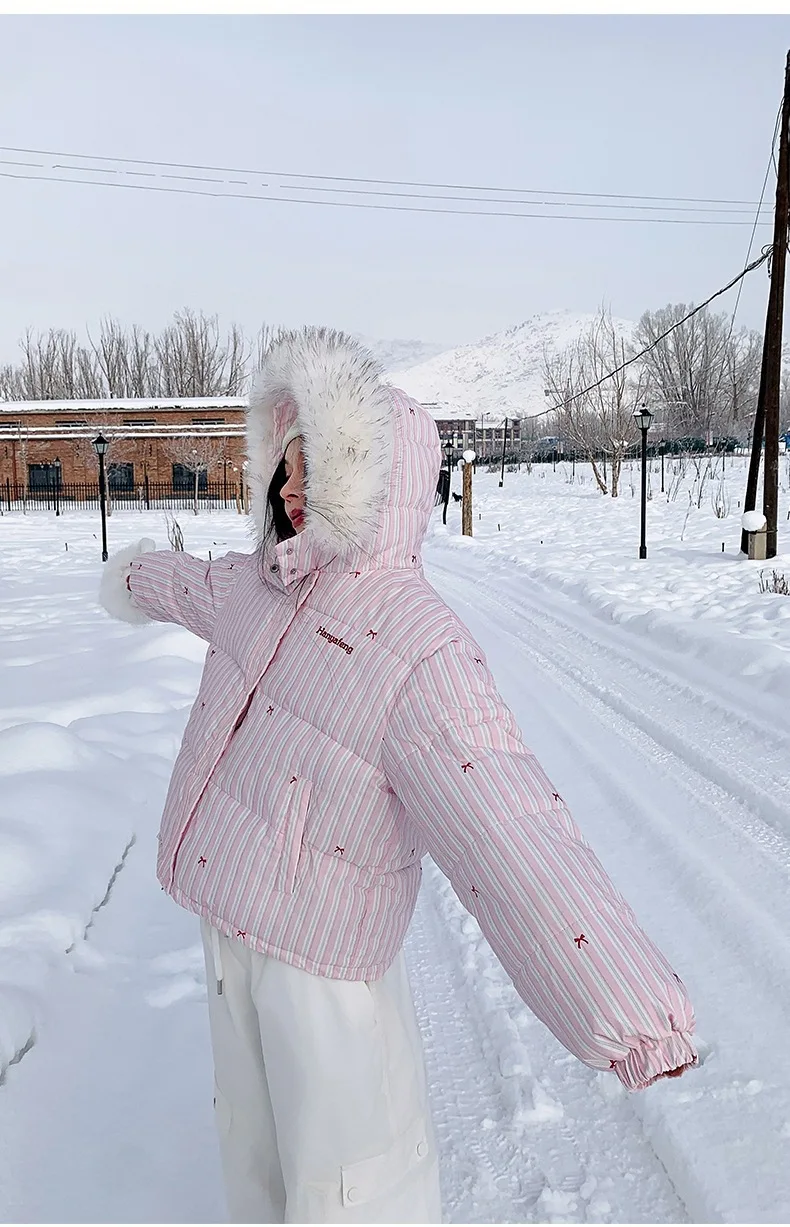 Korean Striped Bow Pattern Cropped Padded Jacket for Women Winter Hooded Coat with Faux Fur Collar Woman Sweet Thick Warm Parkas