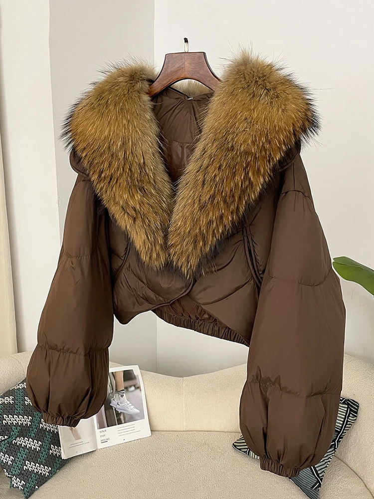 DEAT Fashion Women 90% Duck Down Coat Detachable Fur Collar Single Button Short Loose Warm Parka Jackets Winter 2024 New 7AB6672