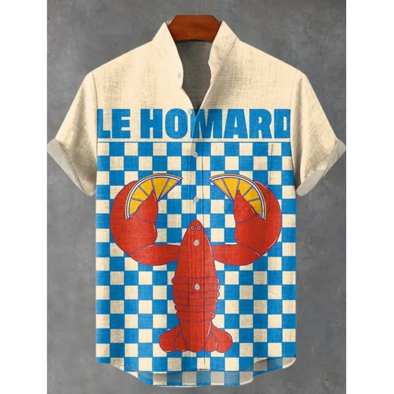 2025 Men's Lobster Pattern Short-sleeved Shirt Summer Vintage New Linen Shirt Men's Short-sleeved Leisure Holiday Streetwear