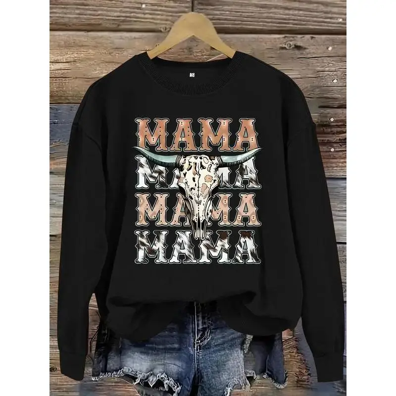 

Women's Retro Mama Sweatshirt Cow Skull Print Western Boho Pullover Vintage Motherhood Graphic Top Mother's Day Gift