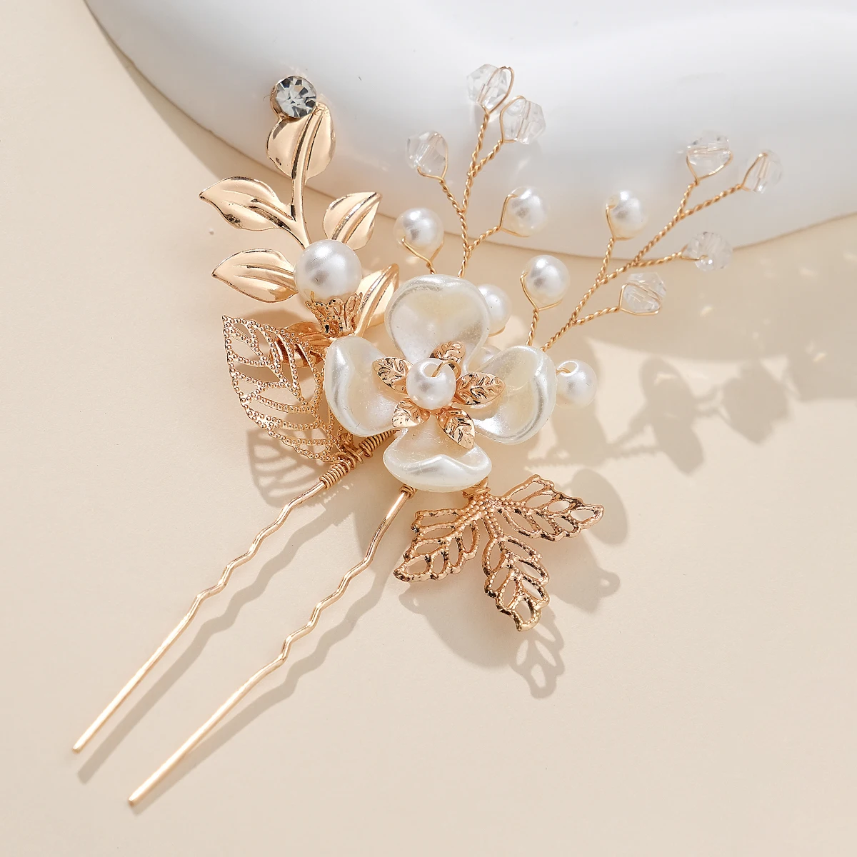 Gold Alloy Flower Hairpin Leaf Design Pearl Crystal Hair Sticks Elegant Women\'s Headwear Accessories Jewelry Bridesmaid Gifts
