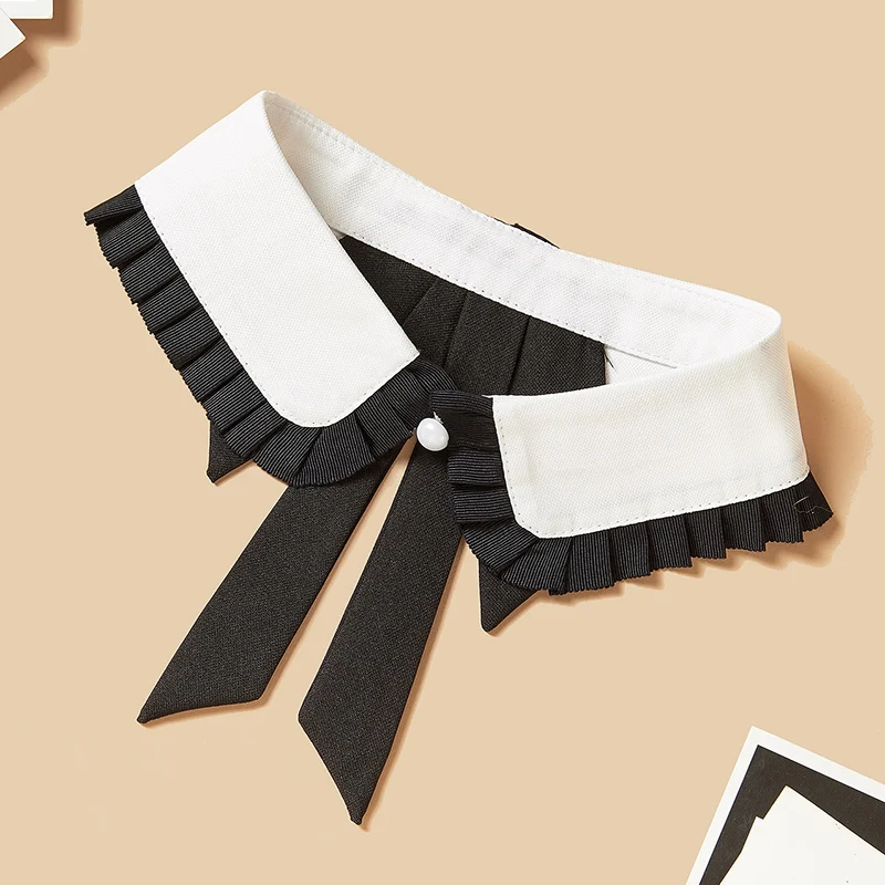 Schwarz-weiße Schleife mit plissiertem Rand, elegantes und modisches Hemd, vielseitige Dekoration, abnehmbarer Fake-Kragen – Detail 2