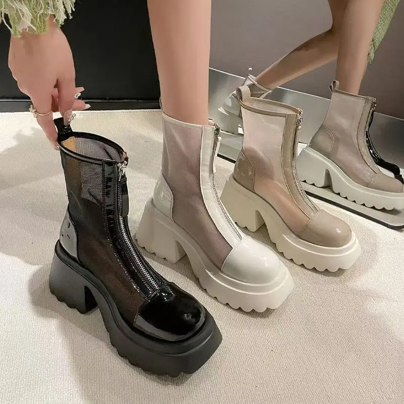 

Thick Sole Cool Boots for Women 2023 New Thick Heel Short Tube Cool Boots High Heel Mesh Spring/Summer Short Boots