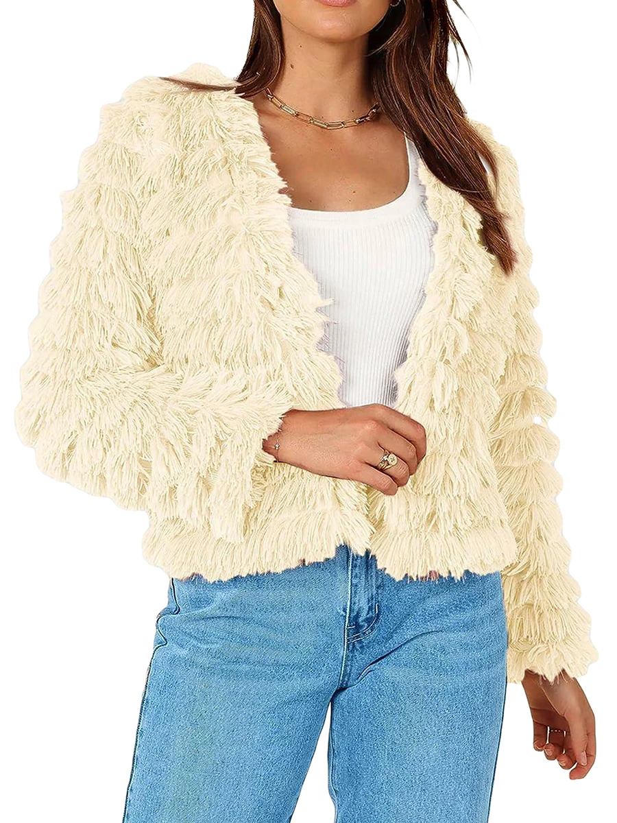 Kimydreama Women’s Fuzzy Faux Fur Coat Winter Warm Long Sleeve Open Front Cropped Jacket Outerwear