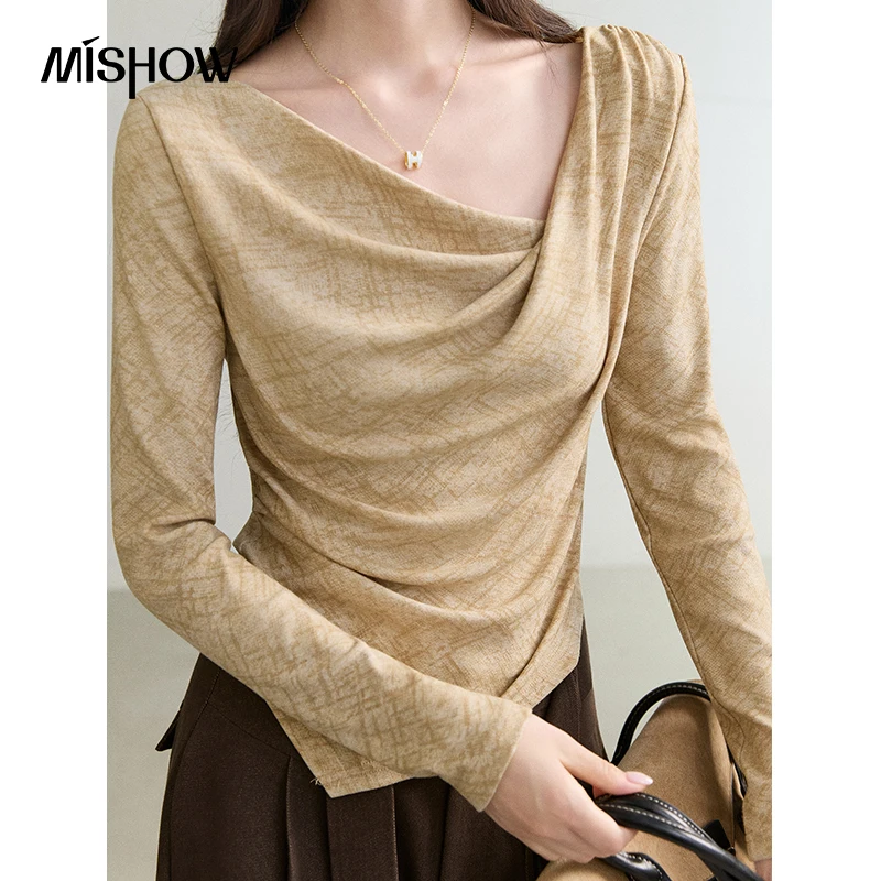 MISHOW Women's French Swing Neck Tops 2026 Autumn Dark Plaid Tie‑Dye Irregular Hem Top Slim Korean  Long Sleeve Top MXF45T3201