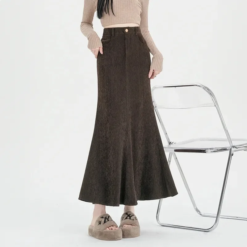 Jesienna damska spódnica maxi z efektem rybiego ogona w dużym rozmiarze 5XL, moda damska 2025, patchworkowe długie spódnice, koreańska moda damska, spódnica codzienna z wysokim stanem.