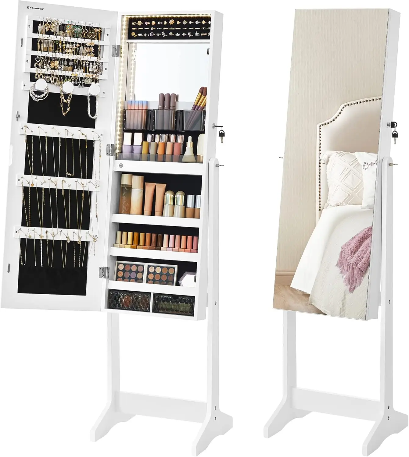 

Floor Mirror Jewelry Cabinet Standing Armoire Organizer, Storage with LED Lights, 2 Drawers, Lockable, Full Length Mirror