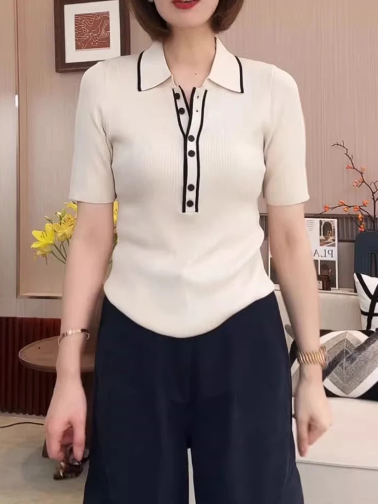 

Sli ort Sve Knitted Ice Silk Top with f Button Plaet And Turn-down Collar Slimming Effect for Summer Faionabl...