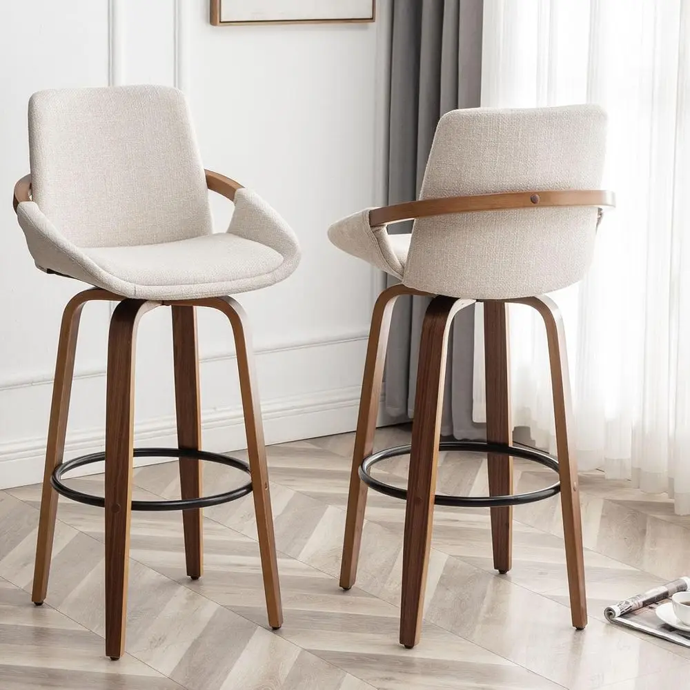 

Set of 2 Bar Height Stools: Retro-Style Charcoal Beige Linen Upholstered Chairs with Walnut Wood for Home Bar Furniture