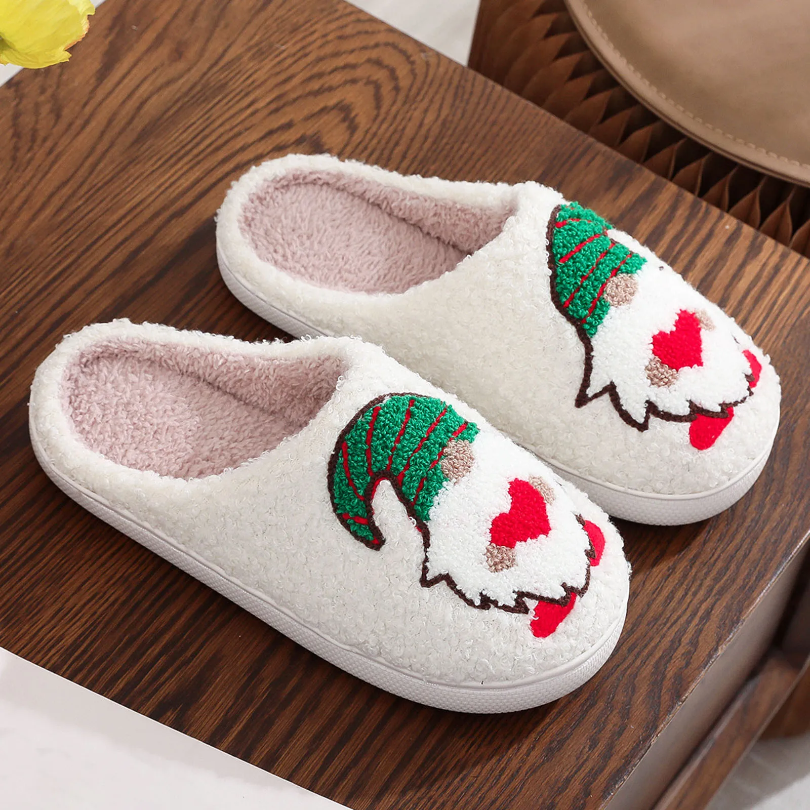 Couples Men And Women Christmas Slip On Furry Flat Home Winter Round Toe Keep Warm Cartoon Santa Dwarf Prints Slippers Shoes