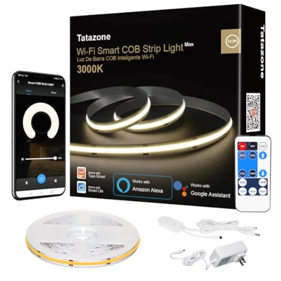 Smart White COB Led Strip Light with Remote, 3000K Bright Warm White WiFi COB Light Strip Compatible with Alexa Google, Dimmabl