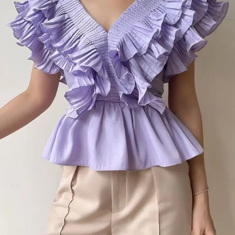 OCEANLOVE Summer Blusas Feminina Solid Ruffles Vintage V Neck Sexy Women Blouses Korean Fashion Elegant Pleated Short Shirts