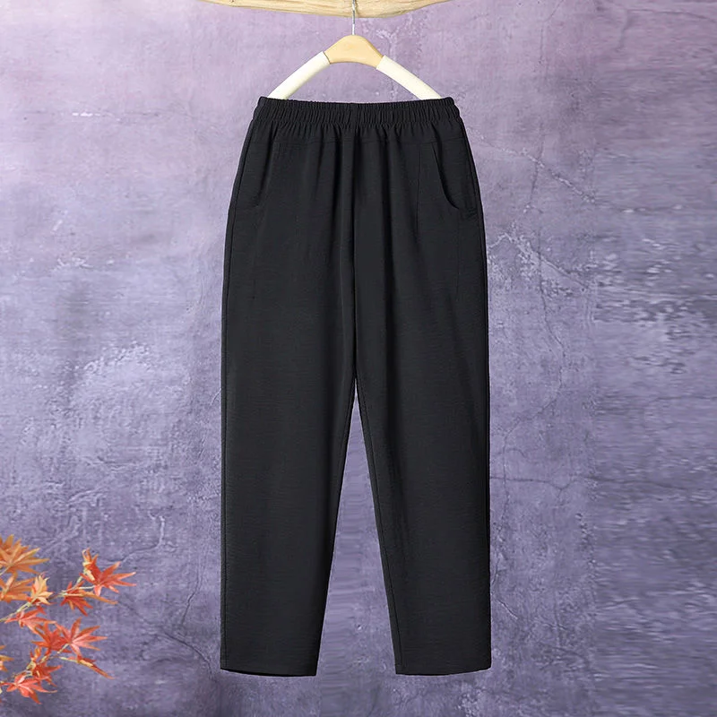 Mom's New Summer High Waist Ice Silk Elastic Pants Commuter Fashion Thin Candy Color Simple Pocket Casual Versatile 9/4 Pants