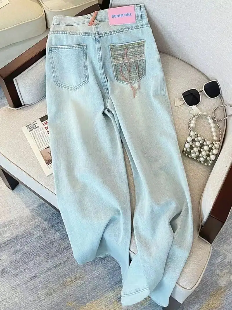 

Retro Straight Denim Women's Summer Design High Waisted, Perforated, Loose Fitting Wide Leg Pants