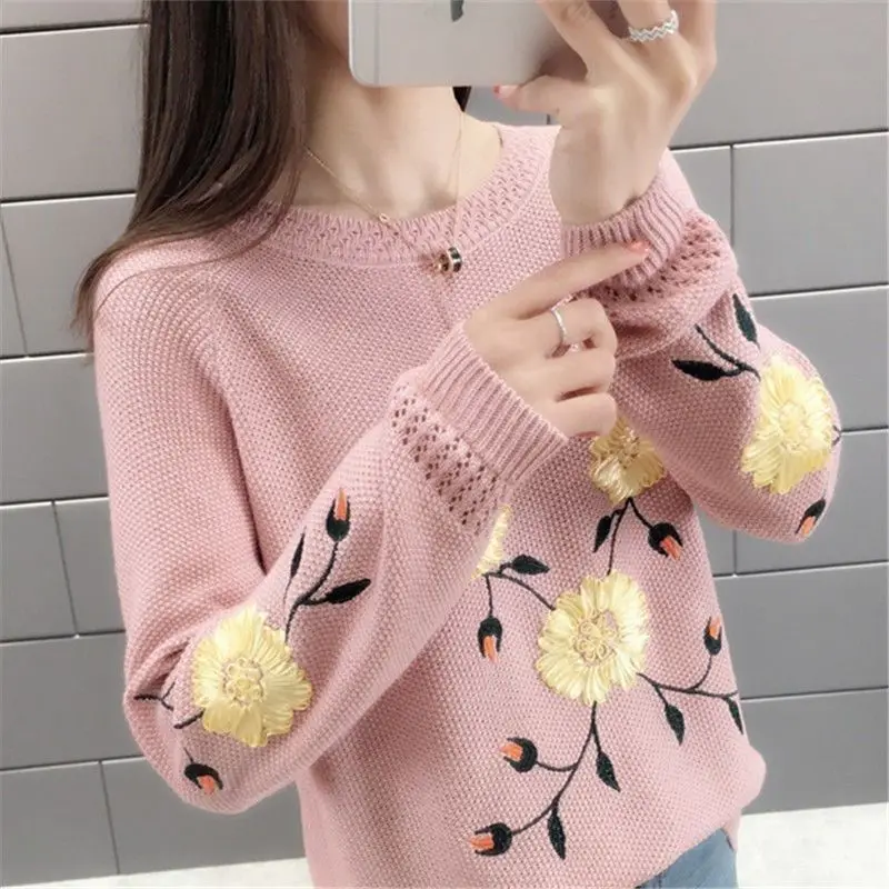 Spring New Long Sleeved Thin Knit Sweater with Embroidered Hollow Out Pullover for Women Round Neck Loose Base Sweater Top 02