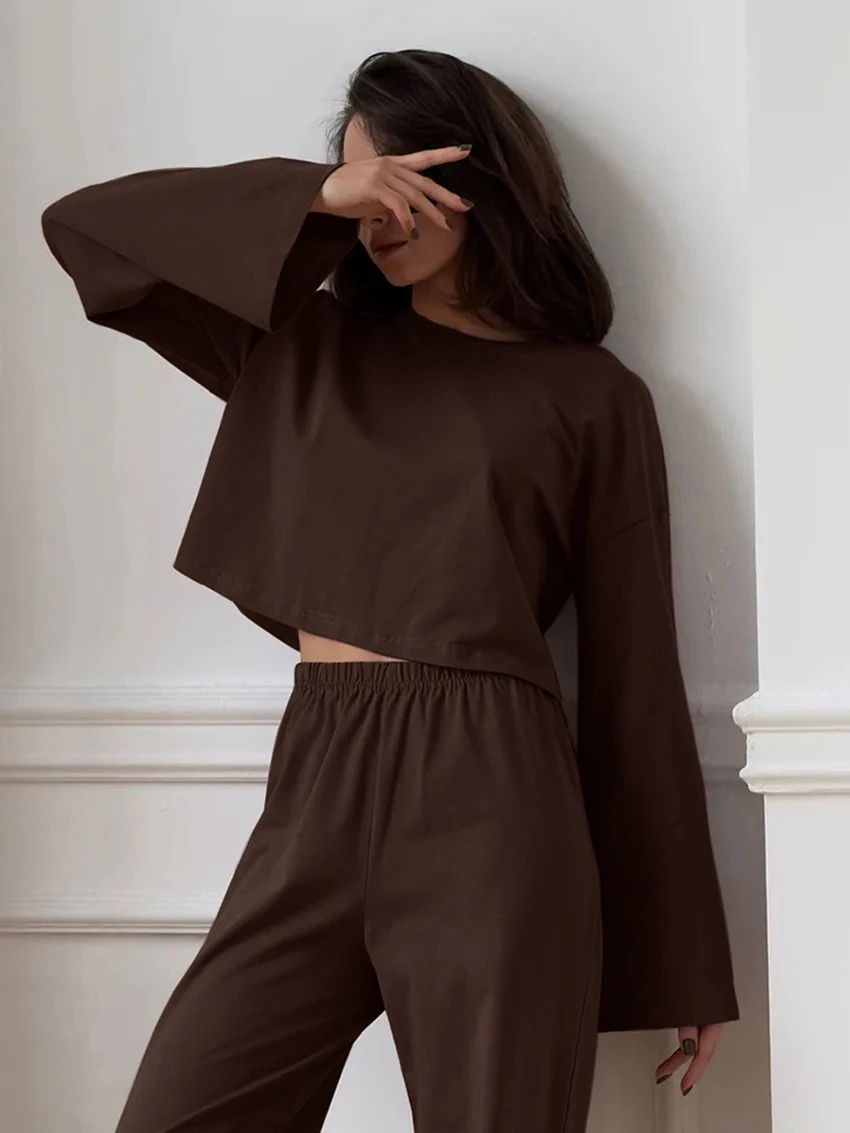 Marthaqiqi Casual Female Nightgowns Suit Long Sleeve Pajamas O-Neck Sleepwear Crop Top Nightwear Pants Loose Women Nightie Sets