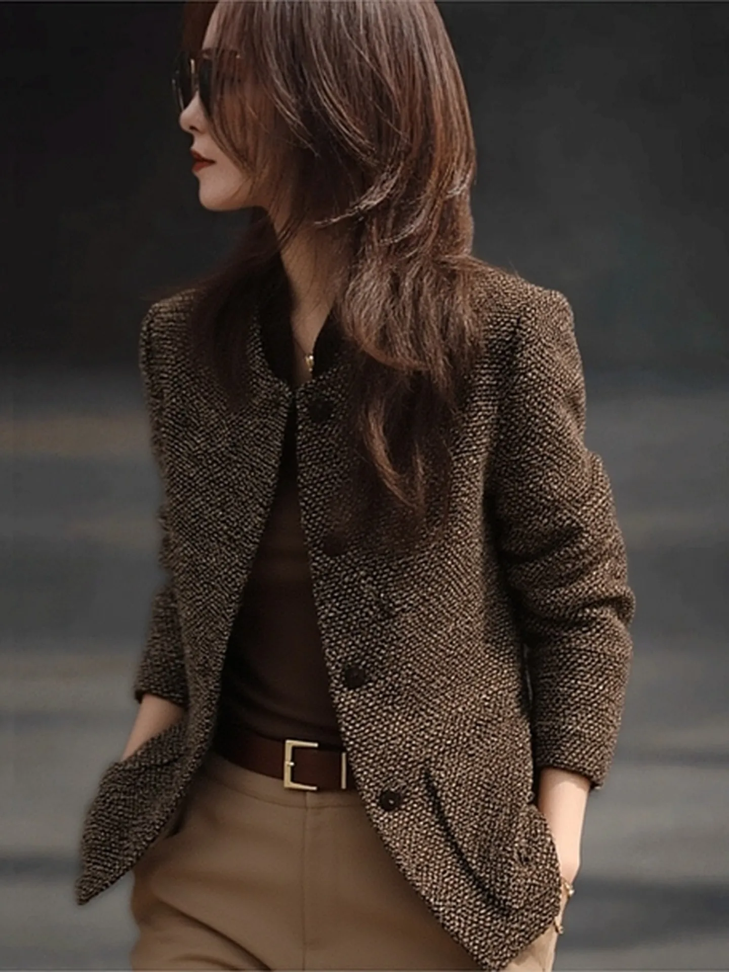 

Ретро-пальто цвета кофе для женщин, приталенное, для повседневной носки, весенняя новинка, роскошный французский стиль, верхняя одежда