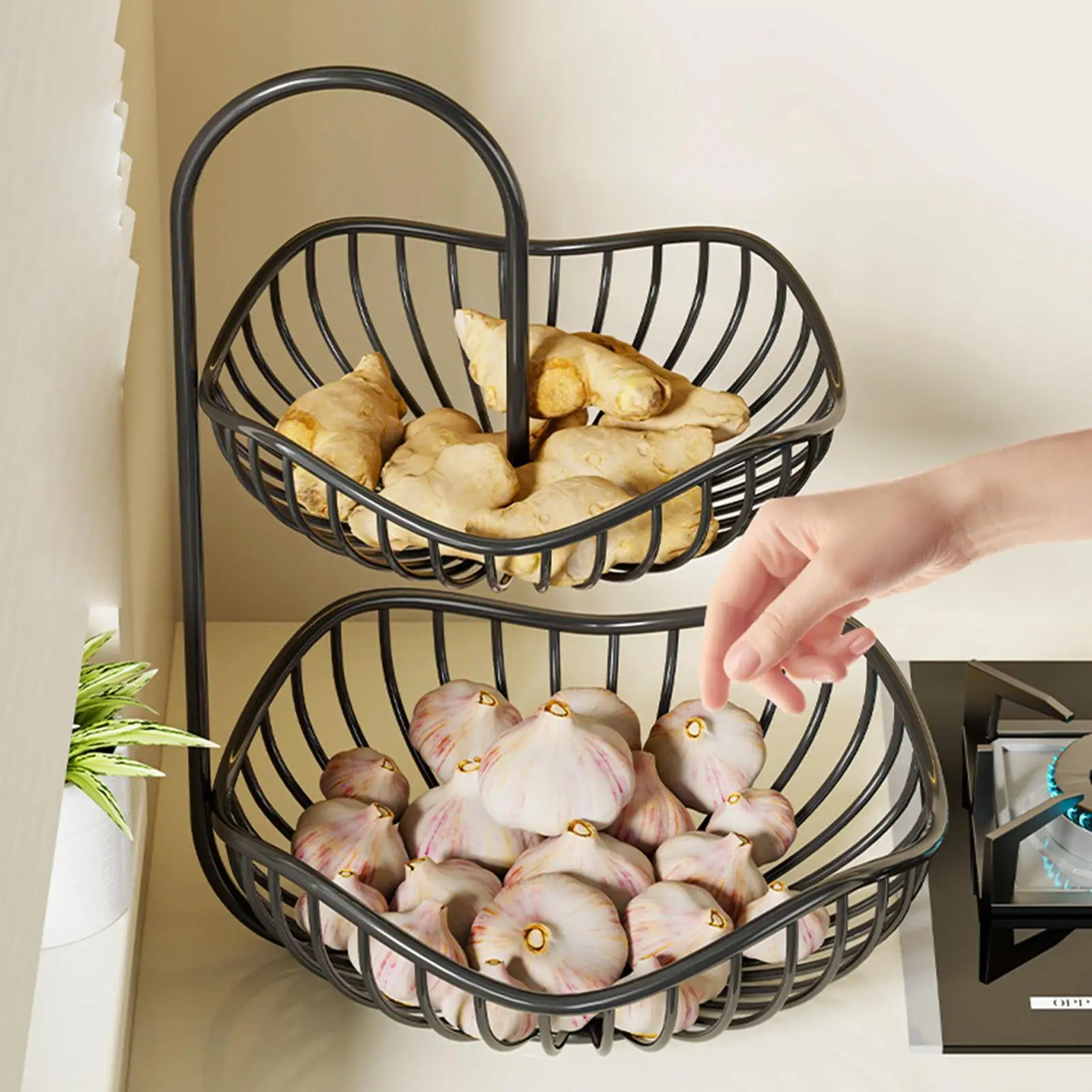 Two Tier Fruit Basket Metal Black Countertop Storage Organizer for Garlic Ginger Onions Vegetables Snacks Bread Pantry Kitchen