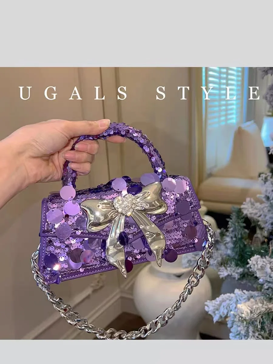 Glitter Shiny Sequins Square Bag Metal Bow Knot Evening Bag Women's Handbag Wedding Party Clutch Purse Shoulder Crossbody Bag