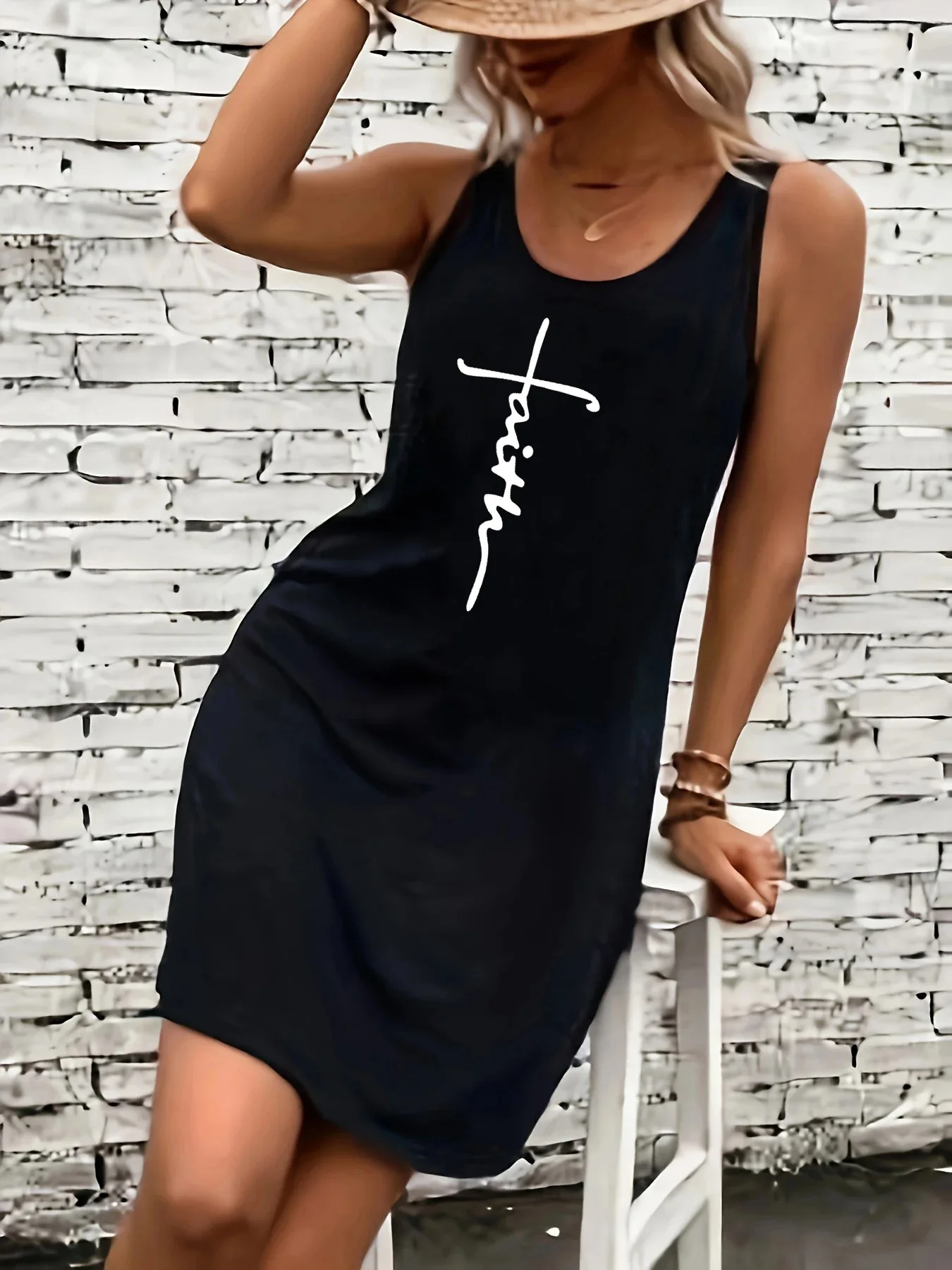 Women's summer loose and comfortable casual cross faith pattern print black sleeveless vest skirt punk style dress