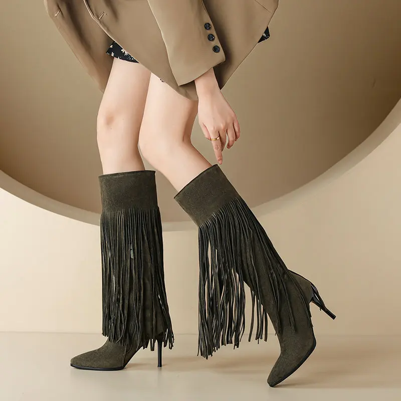 

Army Green Black Pointed Toe Knee High Western Cowboy Shoes Super Thin High Heels Women Boots With Tassels Fringes Big Size 48