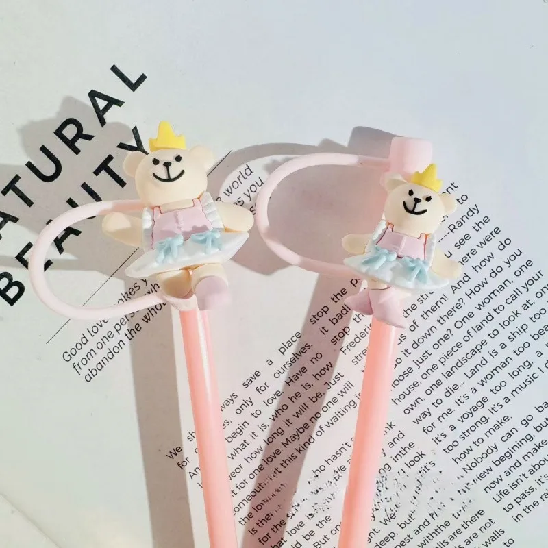 لطيف الوردي الدب سيليكون غطاء تغليف من القش مناسبة ل Starbucks 7-8 مللي متر القش مقاومة للحرارة الغبار القش التوصيل كأس الملحقات #1