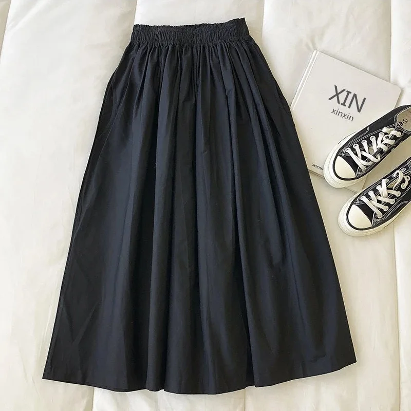 Vrouwen Witte Lange Rok Mode Zakken Geplooide Knielengte Rokken Herfst 2024 Nieuwe Casual Elegante Hoge Taille Een Lijn femme Rokken