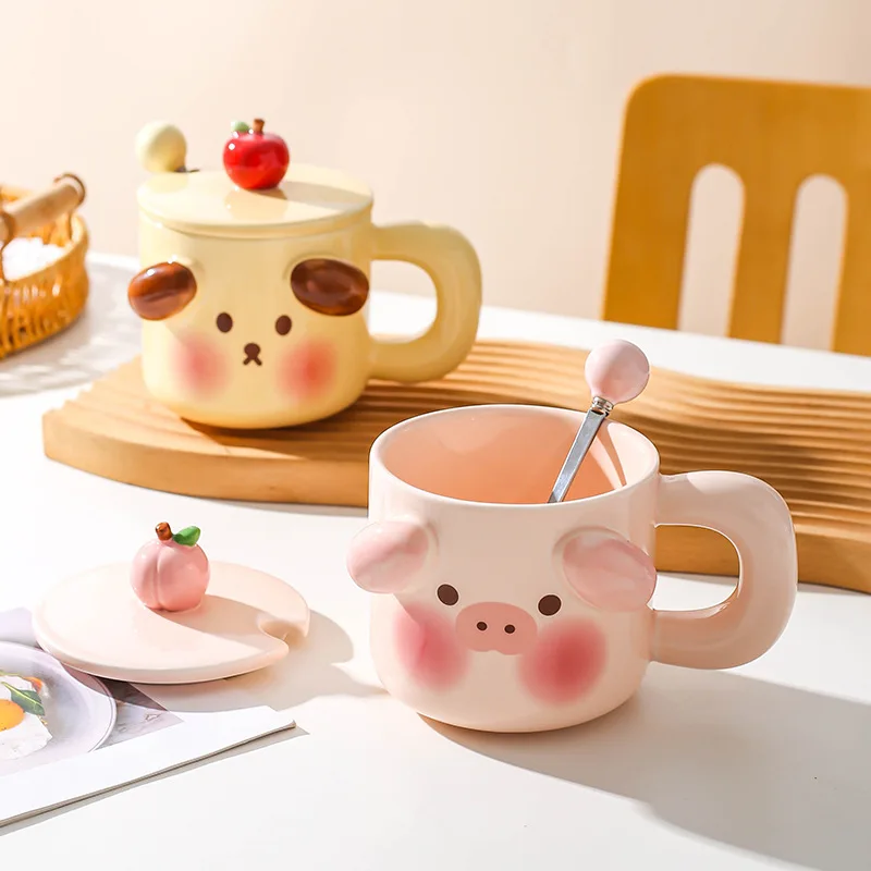 450ml Cartoon Pig Mug Coffee Cup Set with Spoon Ceramic Gift Home Mugs 3D Water Cups Lovers Milk Large Capacity Breakfast Mug