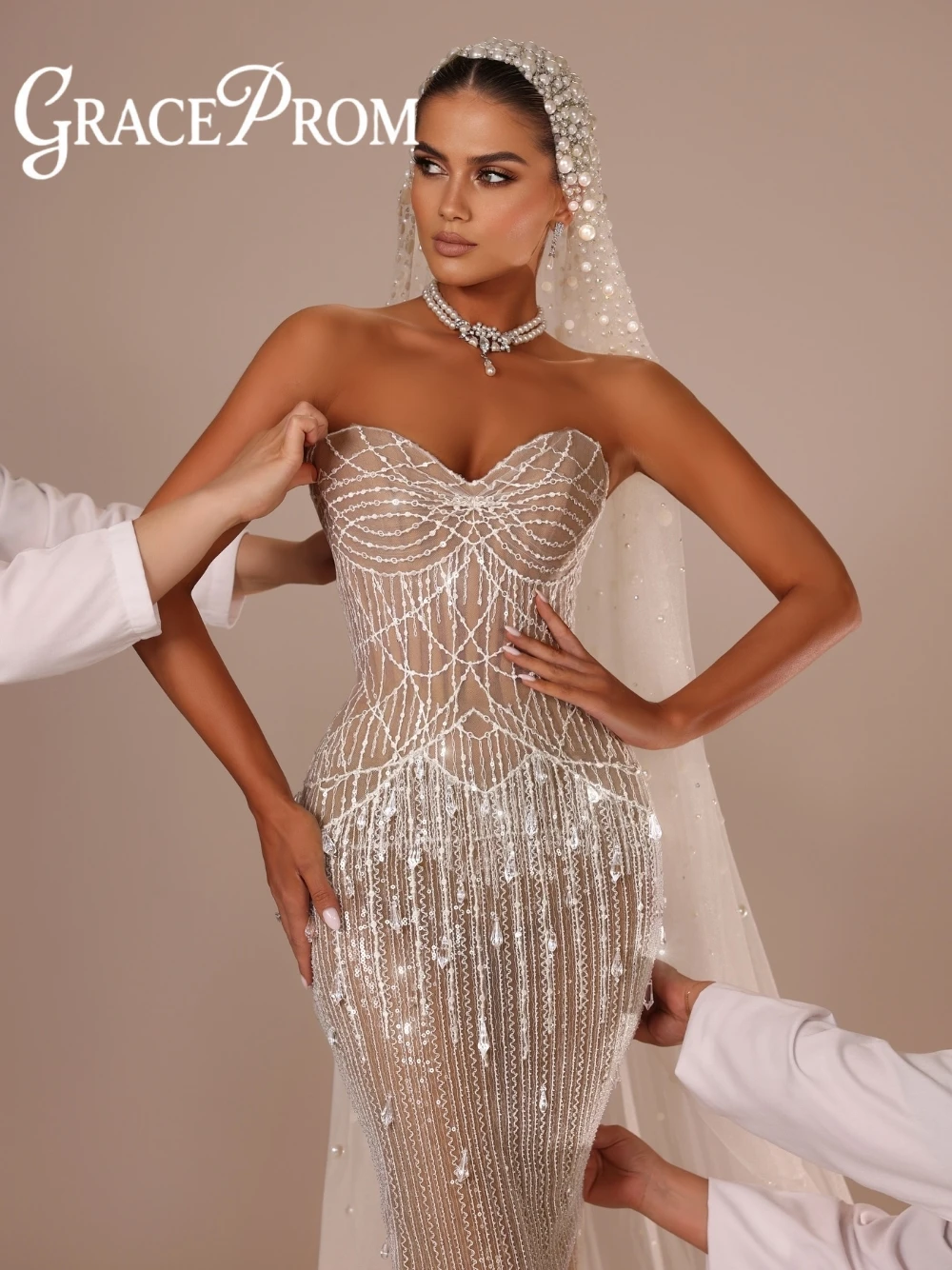 

Stunning Sexy Sheer Mesh Mermaid Wedding Dress 2026 Sparkly Crystal Fringe Strapless Corset Bridal Gown For Modern Bride