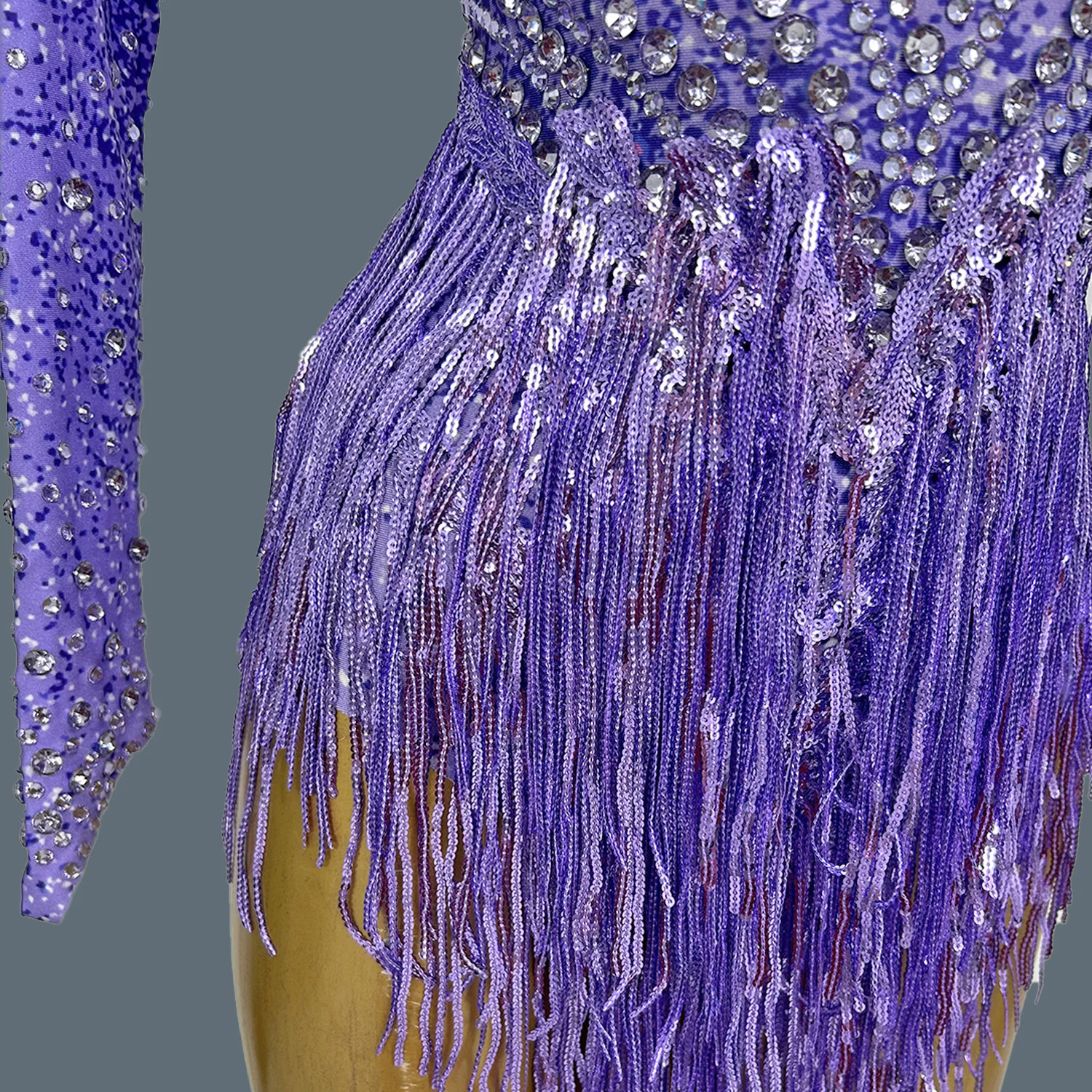 Seksowny strój sceniczny, błyszczący kombinezon z dżetami i frędzlami, damski strój dla zespołu tańczącego latynoamerykańskie tańce, spandexowy kombinezon z długim rękawem, latiao