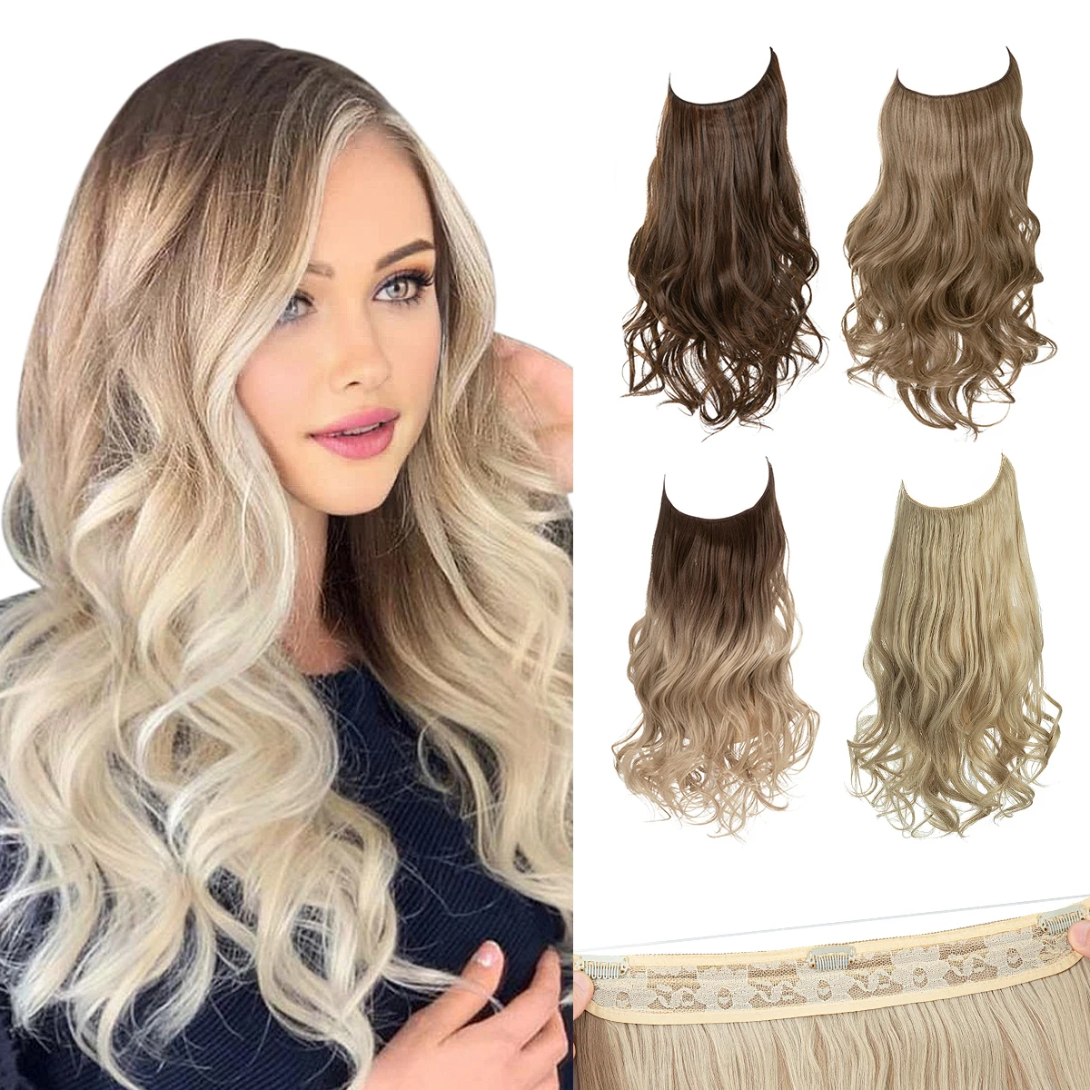 

Premium Synthetic Invisible Wire With Clip Hair Extensions Daily Use Hairpieces Long Natural Wavy Fake Hair piece For Woman