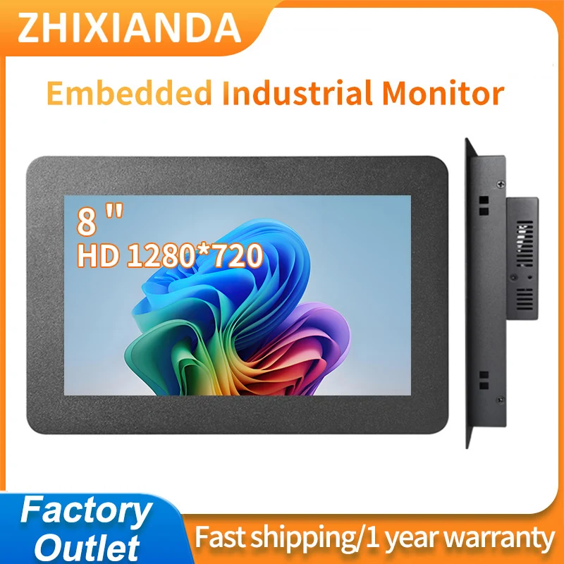 8 Inch Widescreen 1280*720 LCD Display Mini Metal VASE Screen Wall Mounted Embedded Industrial Monitor Capacitive Touch Screen