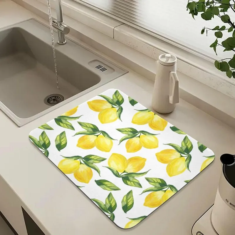 Fresh Lemon Fruit Dish Drying Mat Botanical Green Leaves Kitchen Counter Mat Yellow Citrus Coffee Bar Pad Absorbent Decor