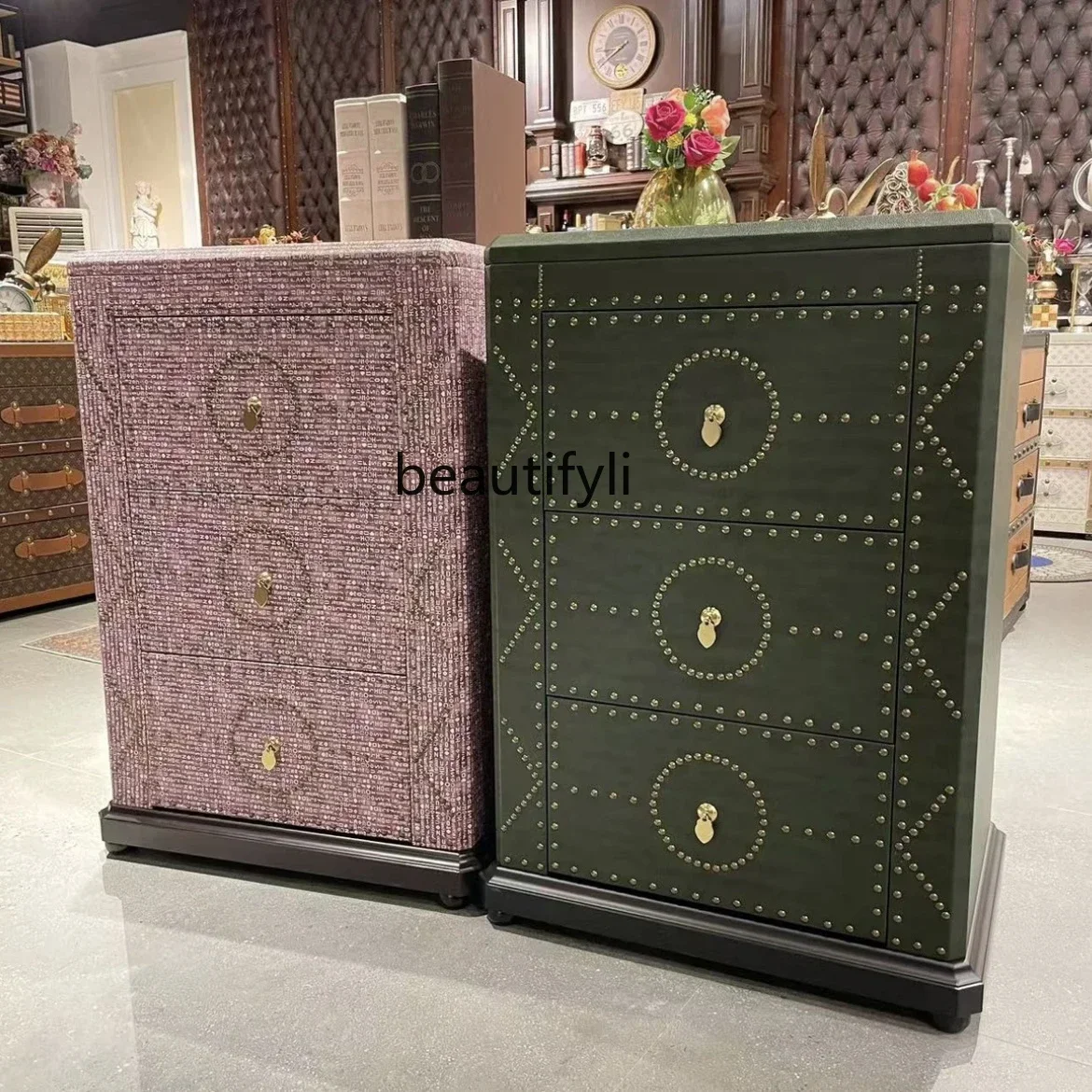 

J185 Light luxury fashion solid wood leather case pink dining side cabinet bedroom living room decorative cabinet