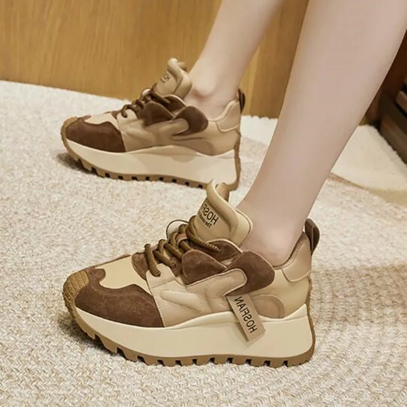 New 6cm 2026 Chunky Women Sneakers Spring Autumn Retro Genuine Leather Lace-Up Ladies Sport Shoes Woman Casual Platform Sneaker