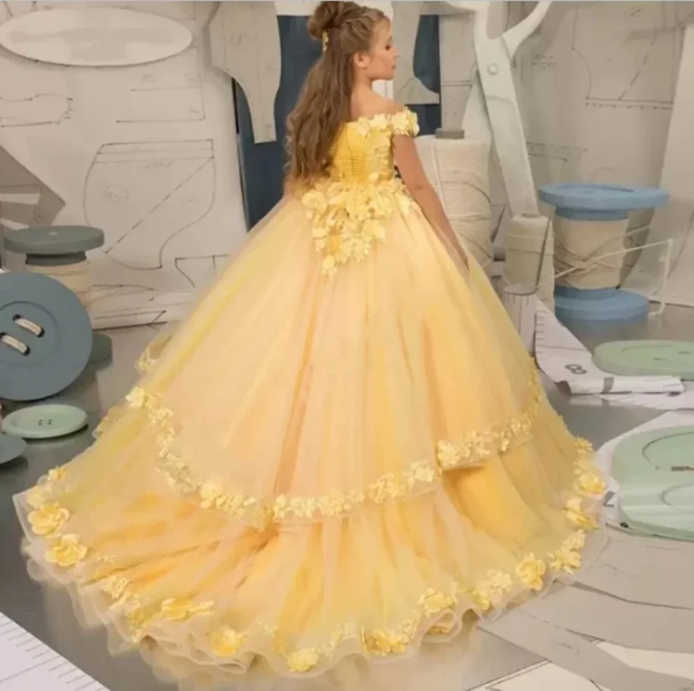 تخصيص فساتين فتاة الزهور الصفراء الديكور زين مهرجان عيد ميلاد للفتيات فساتين التواصل الأول للأطفال فساتين حفلة موسيقية