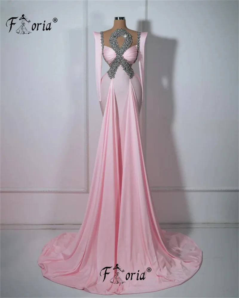 Vestido de fiesta de noche de sirena con cristales principales, elegante, rosa, manga larga, cuentas brillantes, tren de barrido, vestido para ocasión Formal de celebridad