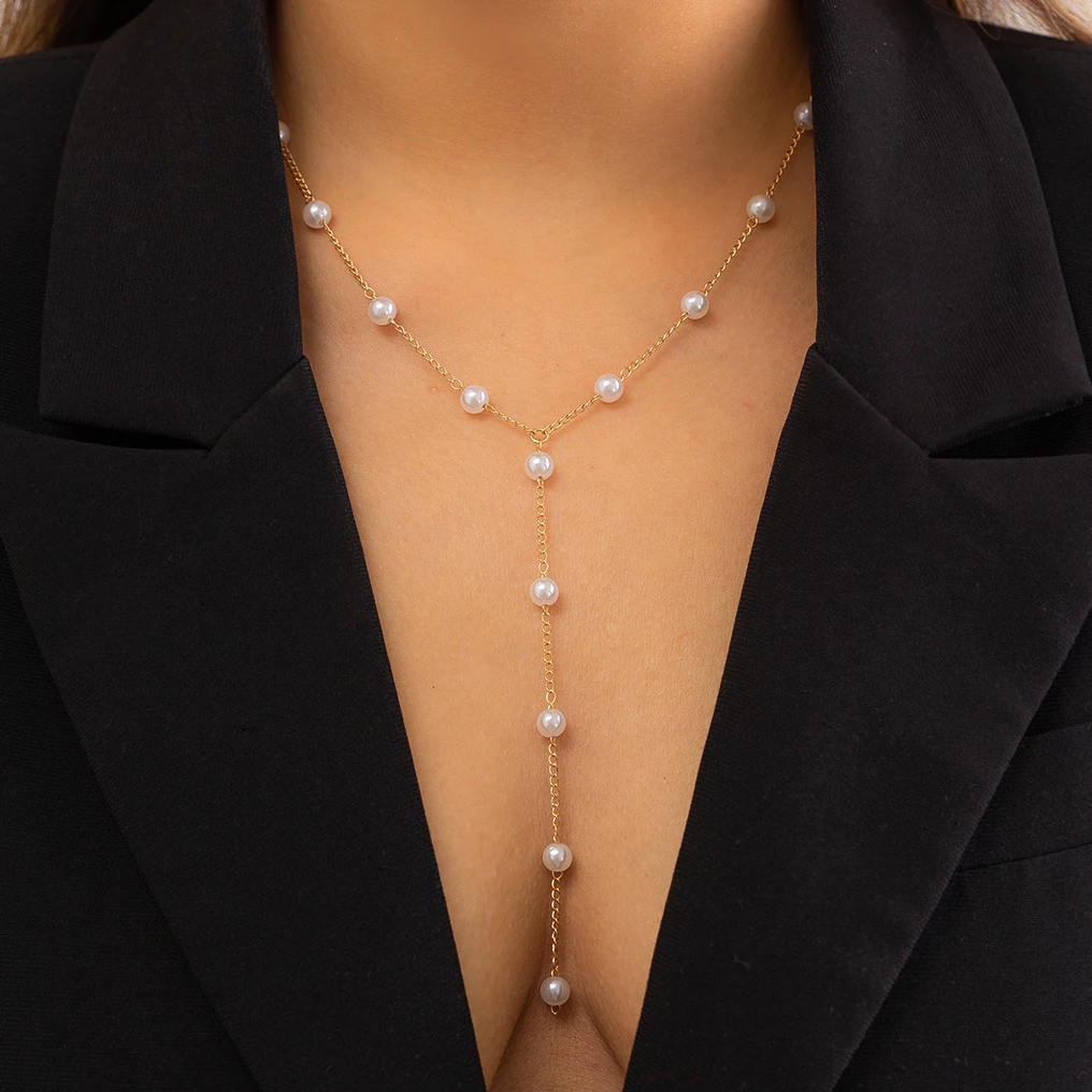 Ingemark Gothic einfache Imitation Perle Brust lange Kette Halskette für Frauen heiraten Braut Kpop Perle Choker Hals Schmuck Zubehör