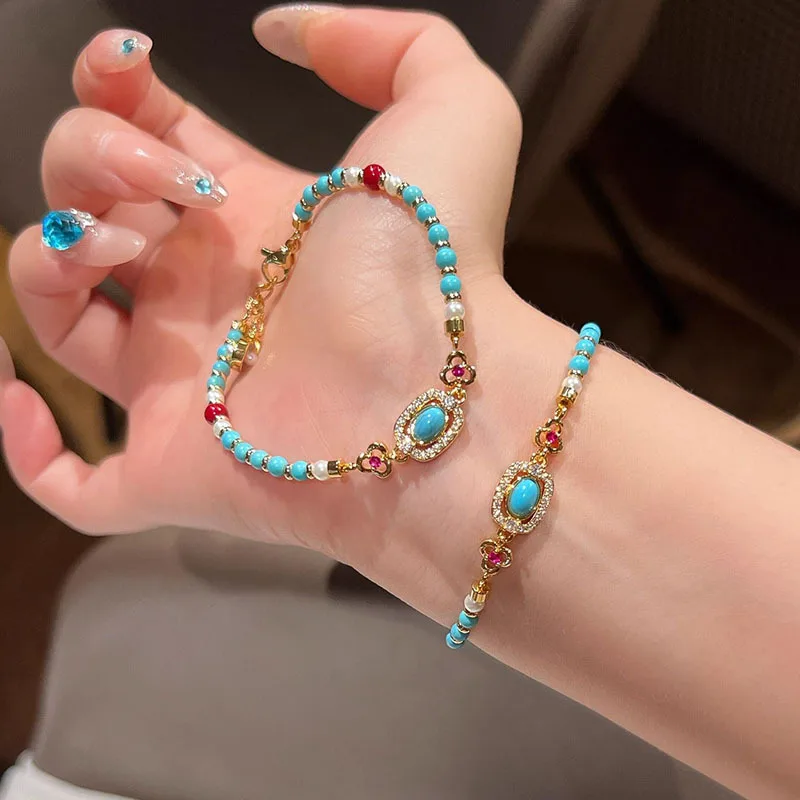 Showy exquisite Pearl Ethnic Style Round beads Pearl Turquoise Bracelet inlay Diamond Dazzling Bracelets Banquet Jewelrys