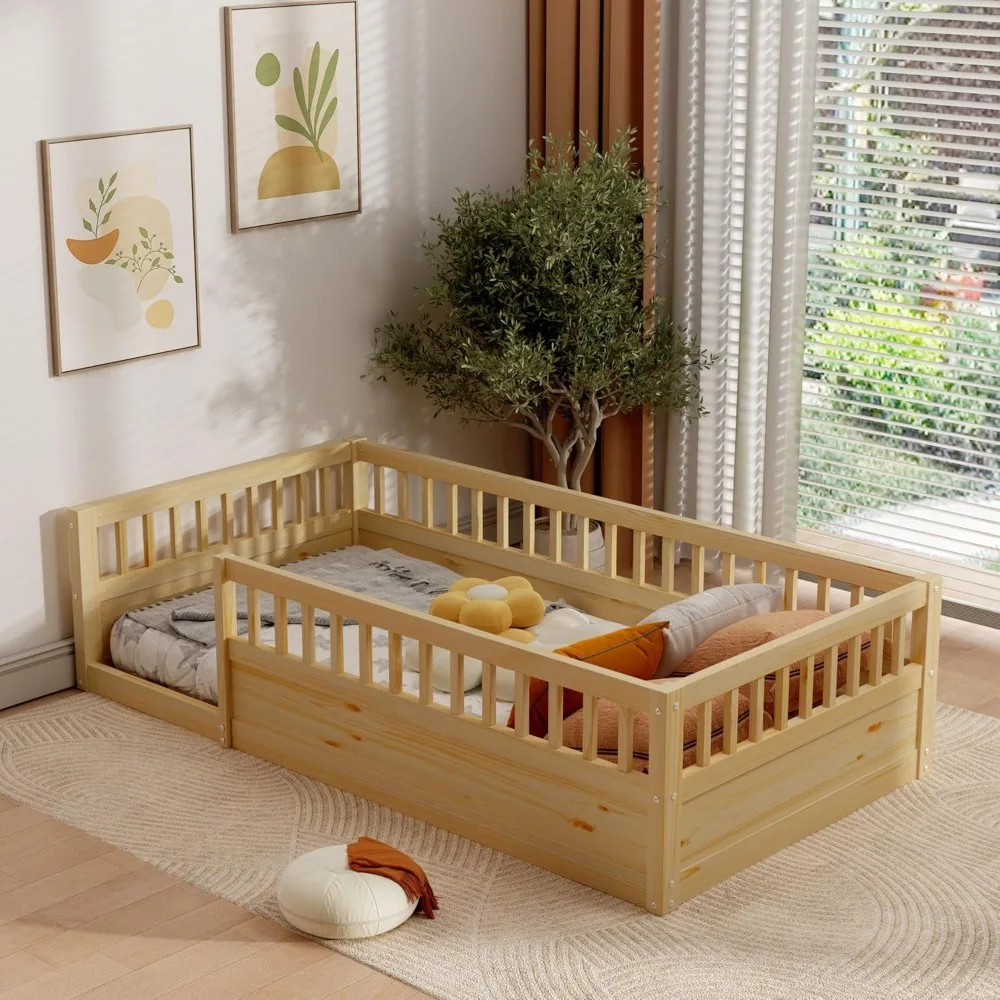 

Twin Size Toddler Floor Bed with Safety Fence, Playhouse Floor Bed with High Rails for Children Bedroom, Montessori Bed